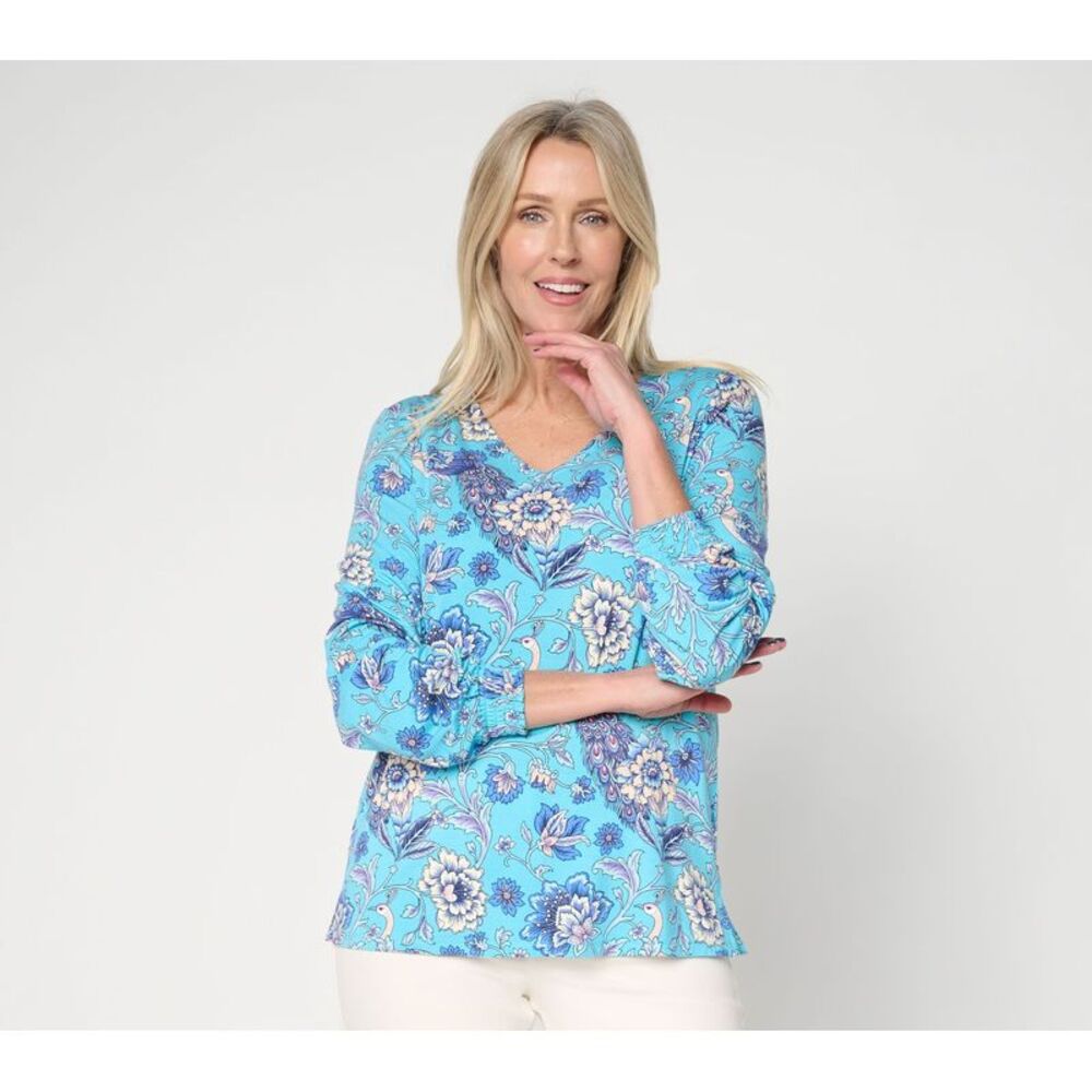 Belle by Kim Gravel Women's Top Sz M Rayon Spandex Flora & Finesse V Blue